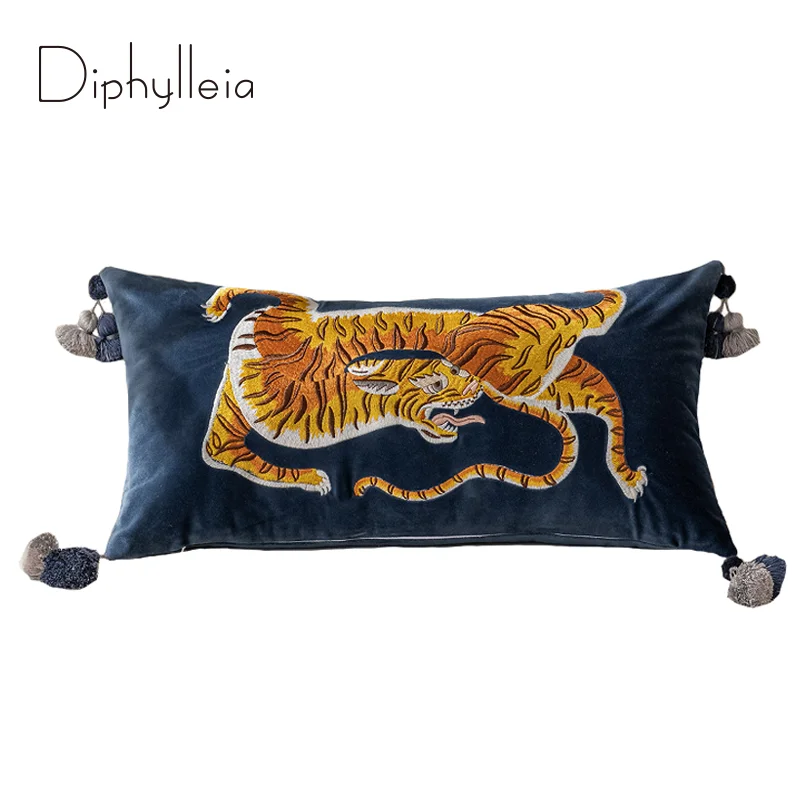 Diphylleia Exclusive Design Dharma Tiger Embroidered Lumbar Pillowcase Luxuriously Coordinated Look Accent Cushion Cover 30x60cm