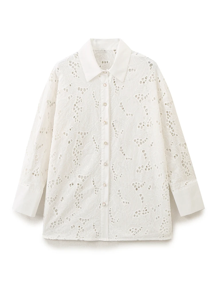 KAOPU ZA Women with embroidered side slit shirt vintage lapel-neck long sleeves button-up female blouses blusas chic tops