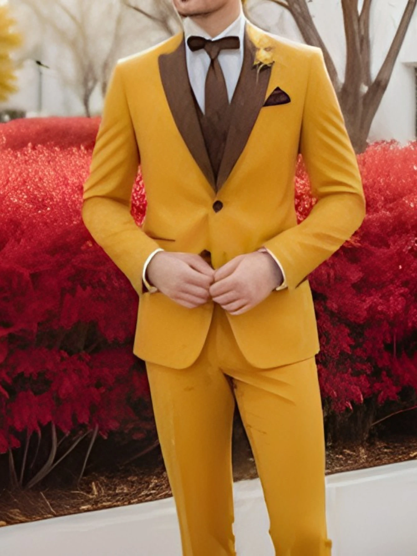 

New Yellow And Brown Formal Business Men Suit Groom Groomsman Wedding Party Prom Male Tuxedos 3 Piece Set Blazer Vest Pants