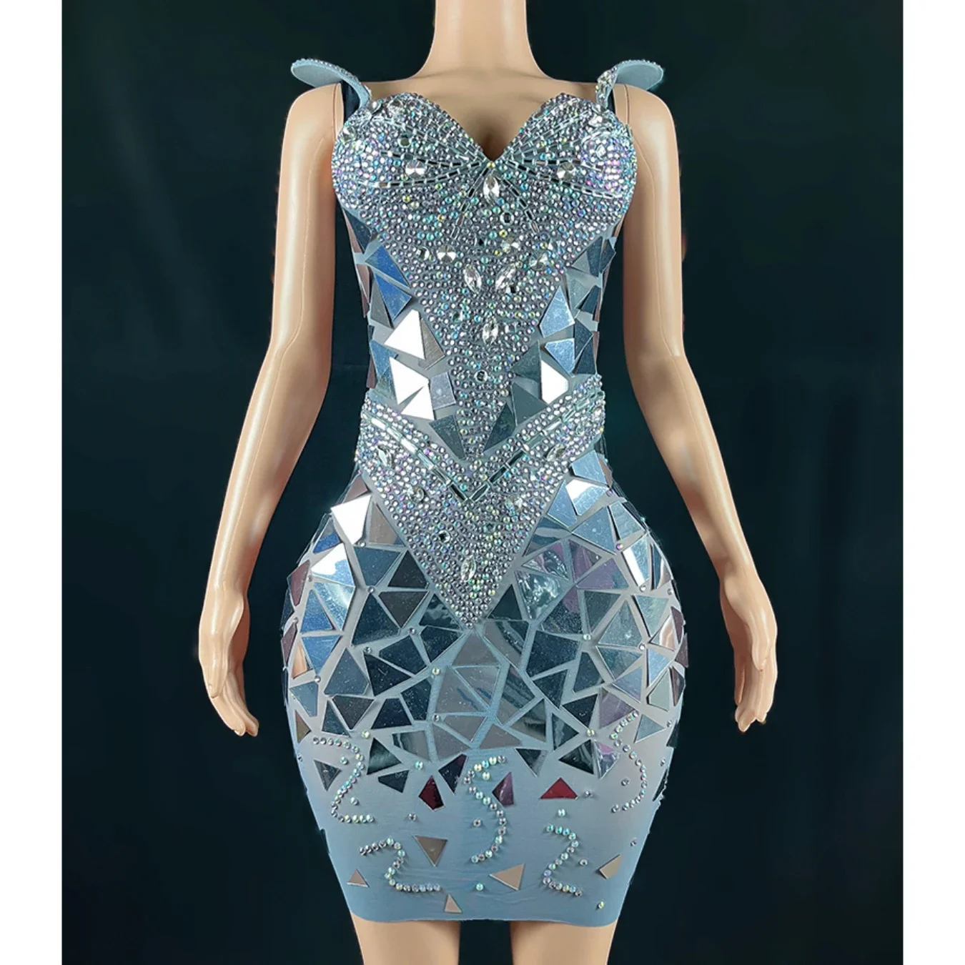 Gold Silver Mirror Dress Women Model Catwalk Singer Performance Stage Costume Birthday Celebrate Gowns Rhinestones outfit