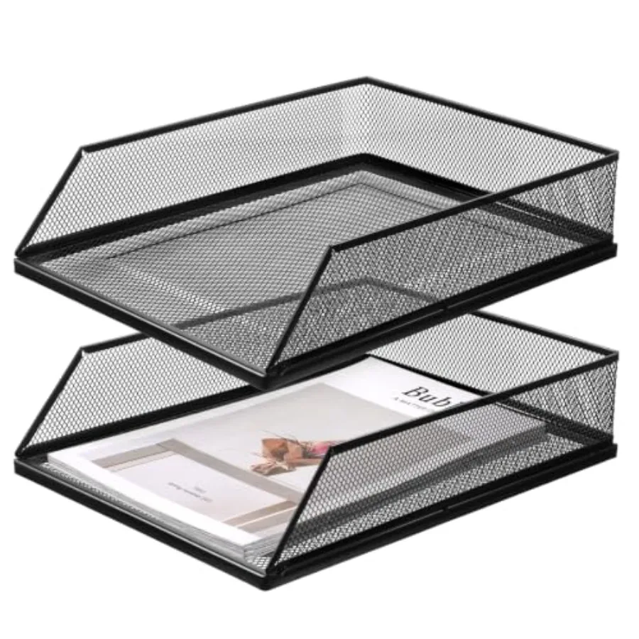 2 Pcs Stackable Paper Tray, Black Metal Letter Tray Metal Paper-Tray Office Document Organizer Front Load File-Paper Holder Wir
