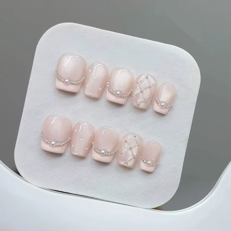 10-pcs-artesanal-rosa-unhas-falsas-com-design-olho-de-gato-perola-frances-curto-estetico-unhas-falsas-quadrado-auto-adesivo-imprensa-em-unhas