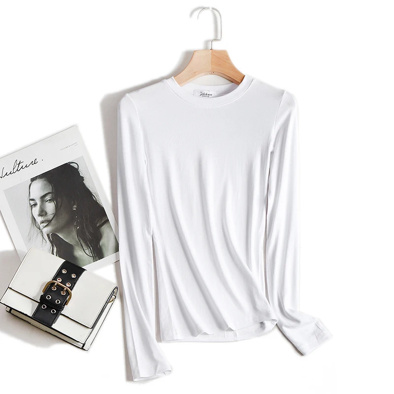 Bawełniana koszulka damska wysokiej jakości elastyczny, w stylu Basic solidna koszulki z długim rękawem damska koszulka na co dzień koreańska cienka O dekolt