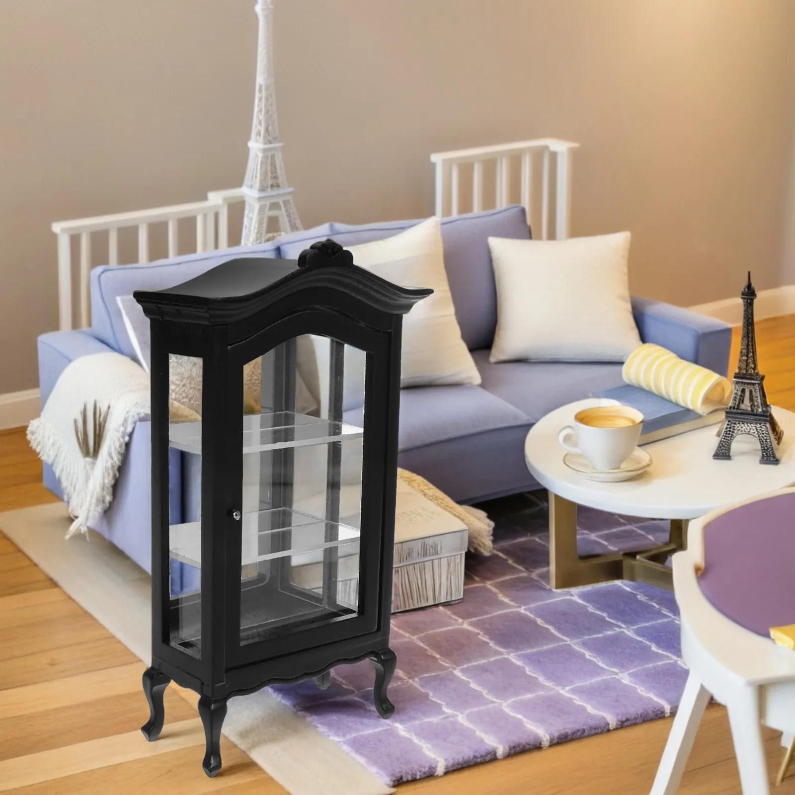 

Miniature Dollhouse Furniture Cabinet 1:12 Scale Wooden Display Shelf Curved Top Elegant Storage for Dollhouse Living Room