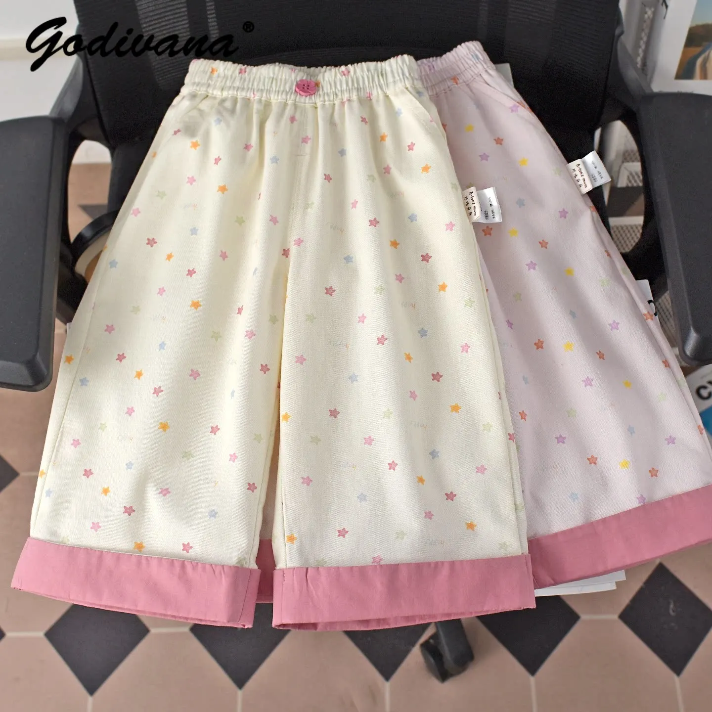 

Sweet Baby Girls Fashion Casual Pants Spring 2026 New Kids Cute Color Block Star Print Elastic Waist Breathable Wide Leg Pants