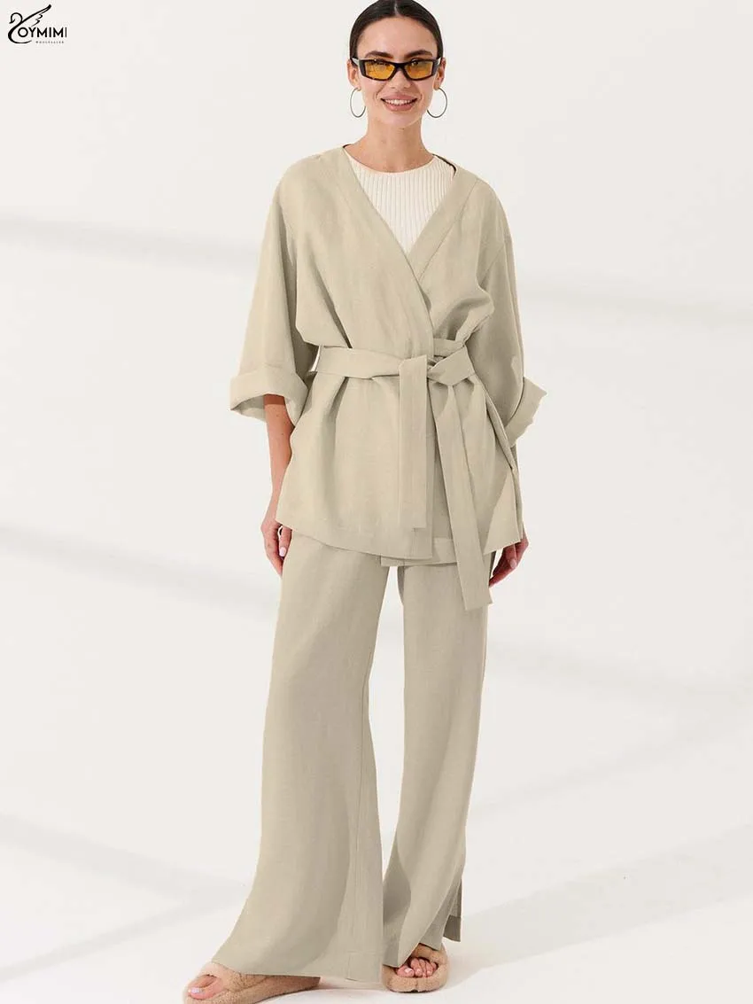 

Oymimi Casual Khaki Cotton Two Piece Set Woman Fashion V-Neck Long Sleeve Lace-Up Shirts And High Waist Sdie Slit Trousers Sets