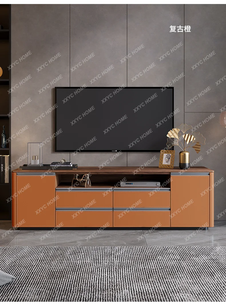 Minimal high TV modern living room small apartment solid wood storage bedroom saddle leather storage cabinet
