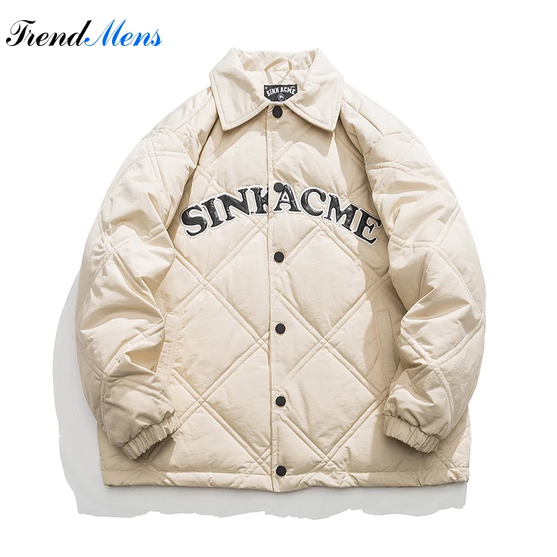 Diamond Lattice PU Embroidered Harajuku Down Jacket Men\'s Winter Hip-Hop Fashion Y2K Casual Lapel Warm Baseball Down Coat