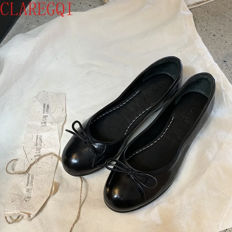 New Model Fashion Comfortable Retro Dermis Dress Shoes For Round Head Girls Ballerina Shoes Bow Tie Flat Mary Jane Shoes Women