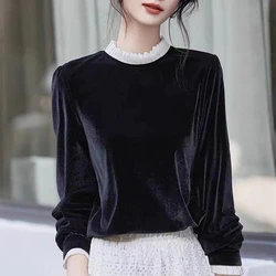 2024 Autumn New Gold Velvet Long Sleeve Pullover Black and White Color Matching Fashion Versatile Design Sense Base Shirt Top