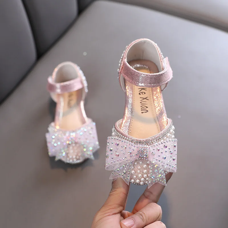 New Kid Fashion Princess Shoe Performance Wedding Girl Children Party Leather Shoe Girls Bow Tie Aqua Diamond Casual Single Shoe
