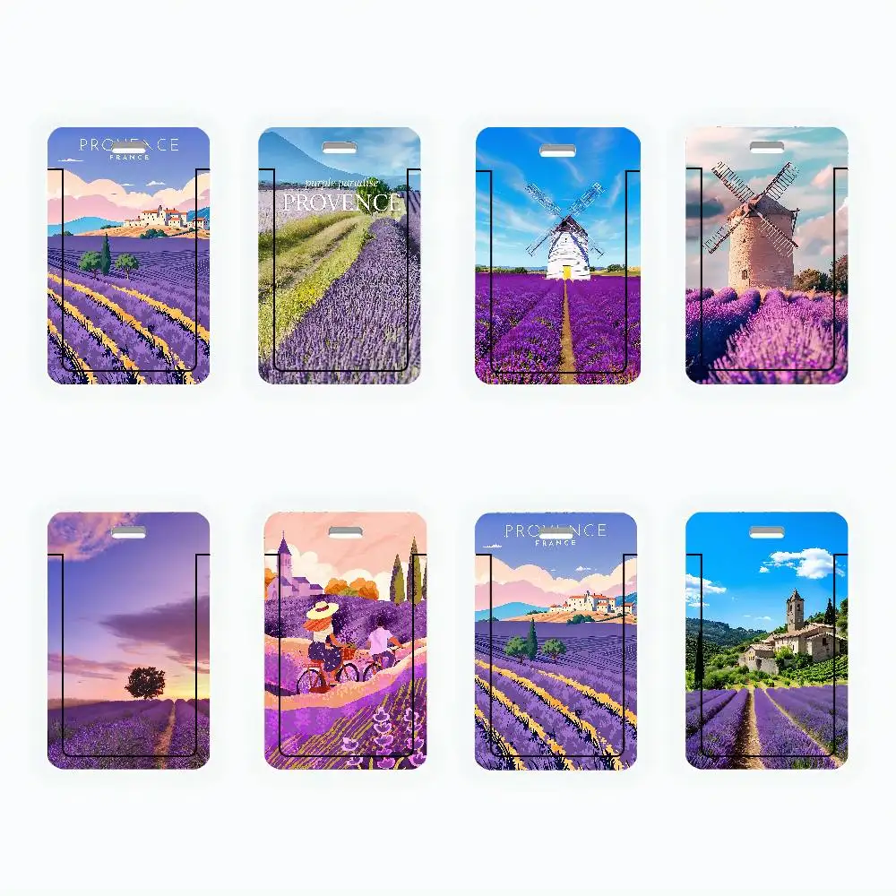 Provence Lavender Fields ID Card Holder Cute PVC Badge Holder Cartoon Card Cover Student ID Bus Card Case With Clear Window