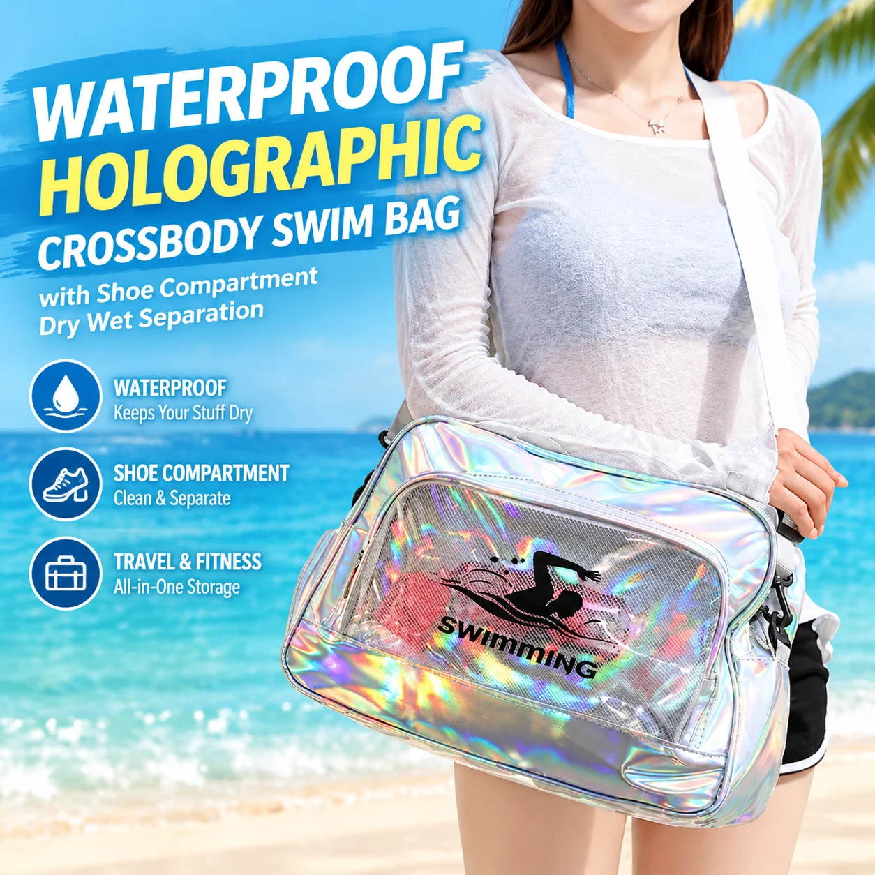 Waterproof Holographic Crossbody Swim Bag with Shoe Compartment Dry Wet Separation Beach Travel Shower Fitness Gym Storage