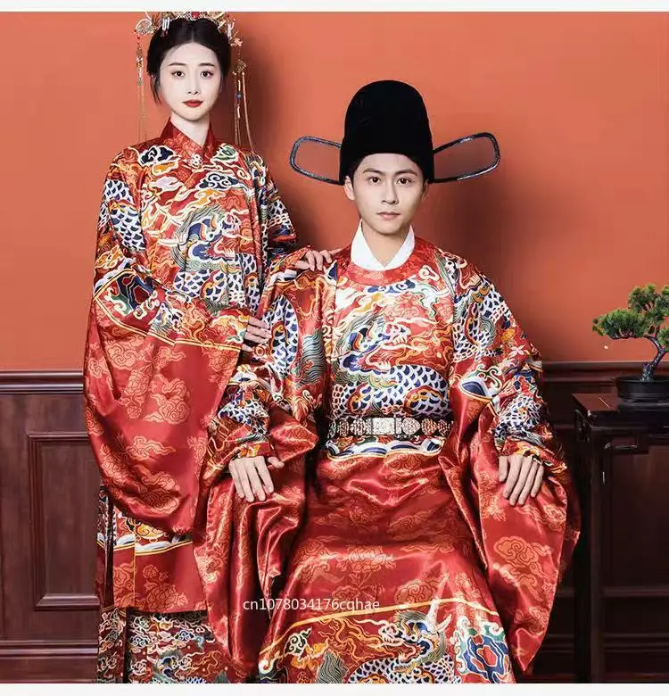 

Ancient Wedding Uniform Traditional Ming Dynasty Red Dragon Printing Long Robe Couples Halloween Cosplay Costume Bride Clothing