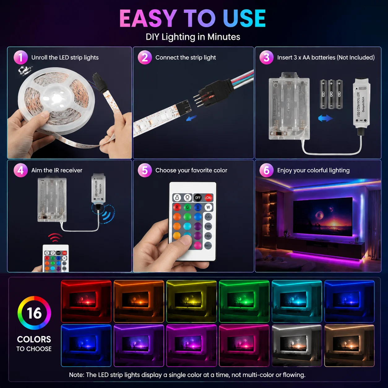 RGB light strip for bedroom decoration, 24-key remote control, battery powered (batteries not included), LED lights for holidays