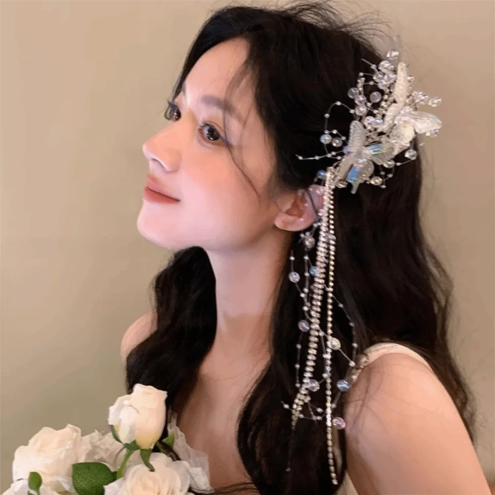 Fermaglio per capelli con nappa a farfalla da 30 cm, accessori per servizi fotografici, copricapo da sposa trasparente, strumenti per acconciature, fermaglio per capelli con perle_voghion.com