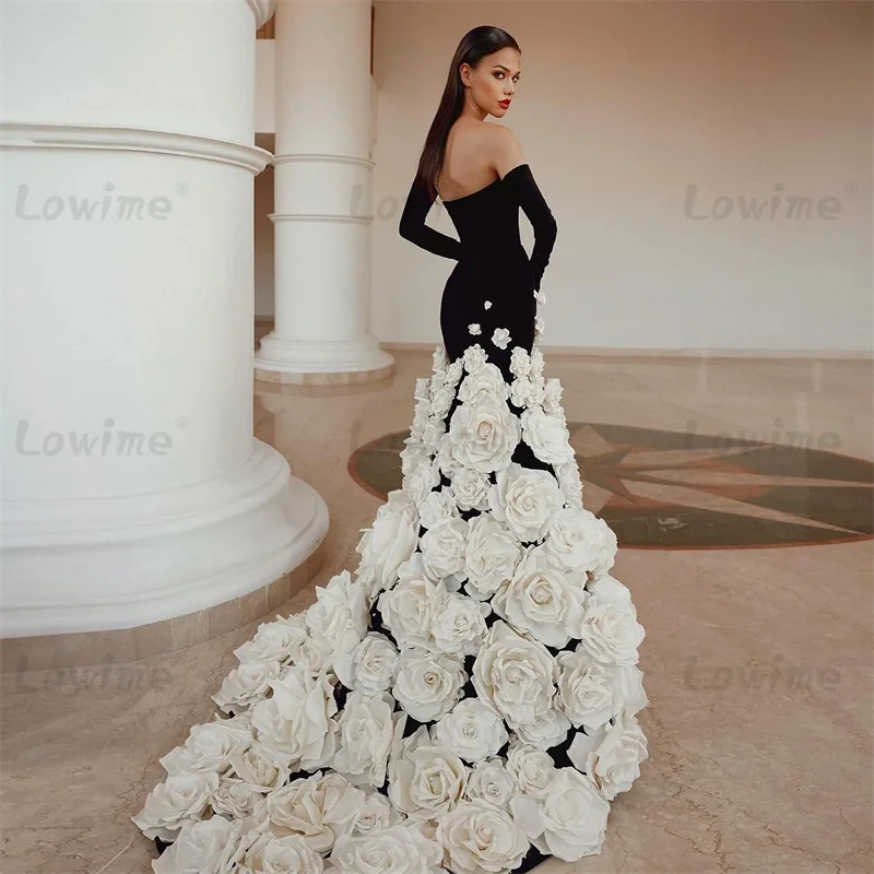 Luxury Black Velvet Celebrity Dresses Handmade 5D Flowers Long Prom Dress 2025 Customized Mermaid Evening Gowns With Gloves Robe