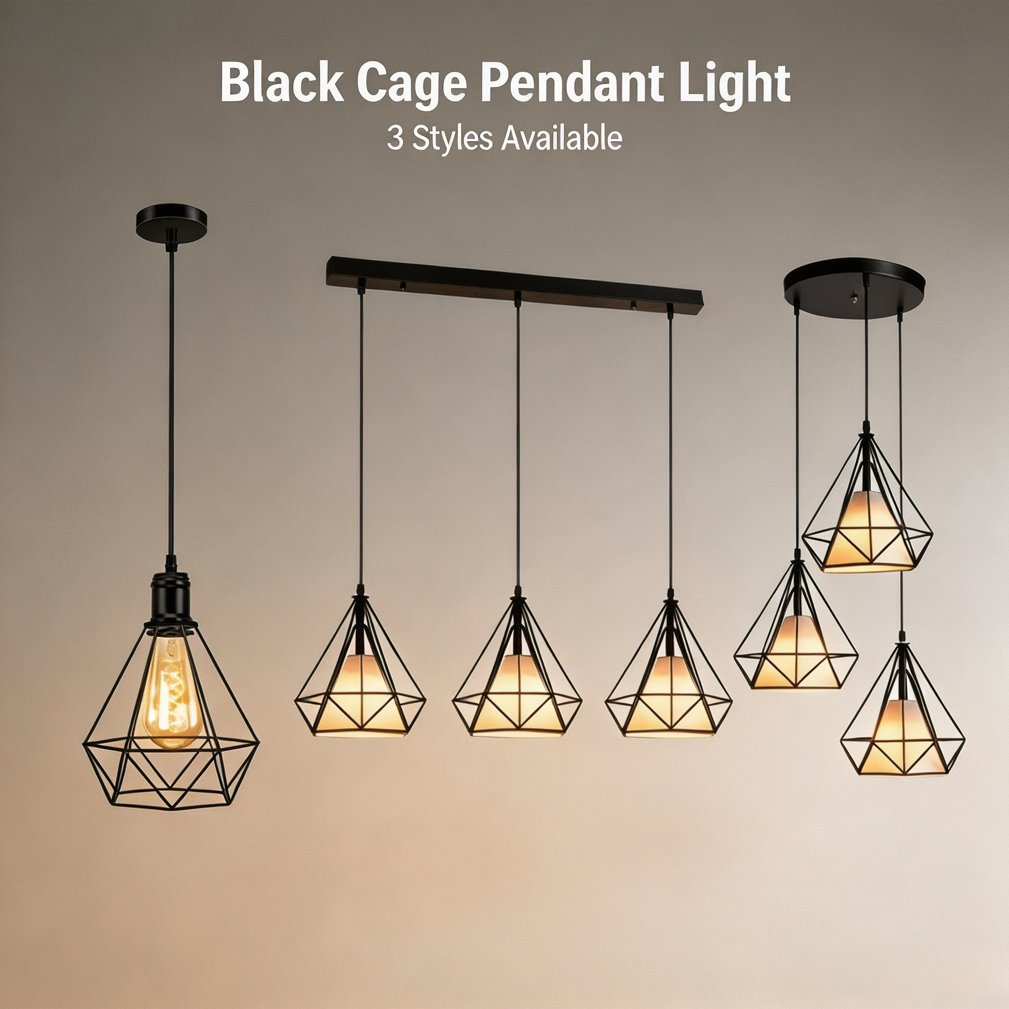JOYINLED Industrial Pendant Light Fixtures, Black Metal Diamond Cage, Adjustable Hanging Lamp for Kitchen Island Dining Room Bar