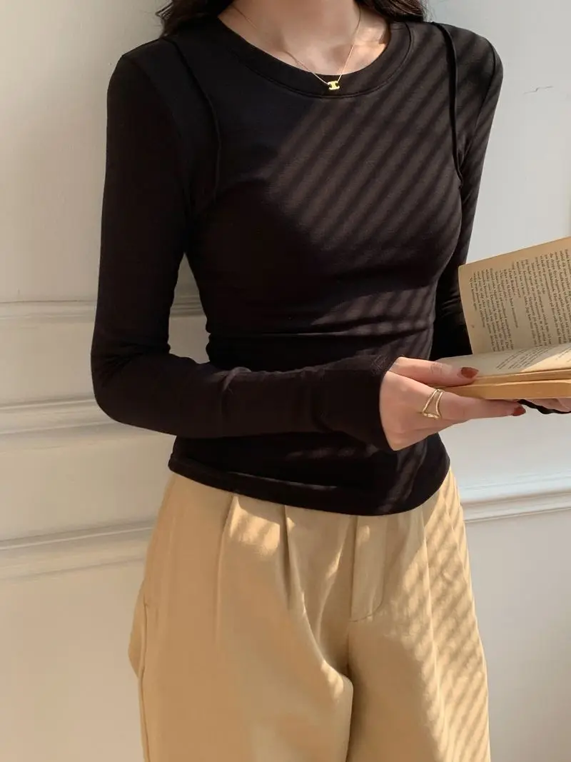 Neue O Hals Baumwolle Langarm T-shirt für Frauen Sexy Gestellte Tops Herbst Beiläufige Dünne Dünne Grundlegende Frau T Shirts Weiße Kleidung – Detail 7