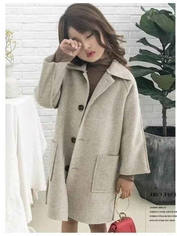 Cappotto per ragazze nuovo cappotto stile straniero 2024 medio lungo bifacciale imitazione Cashmere soprabito per bambini Trench Fashion