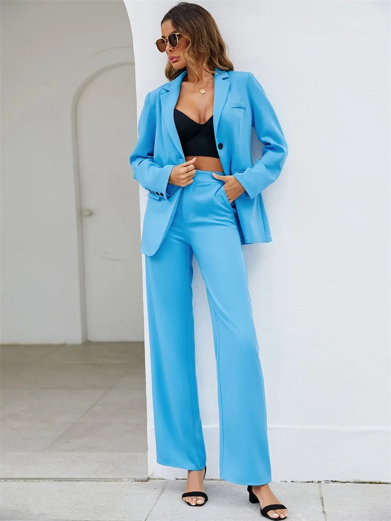 Casual Vrouwen Pak Set Blazer + Broek 2 Stuks Lichtblauw Sexy V-hals Hot Girl Jasje Tailored Outfit женский Костю Prom Jurk