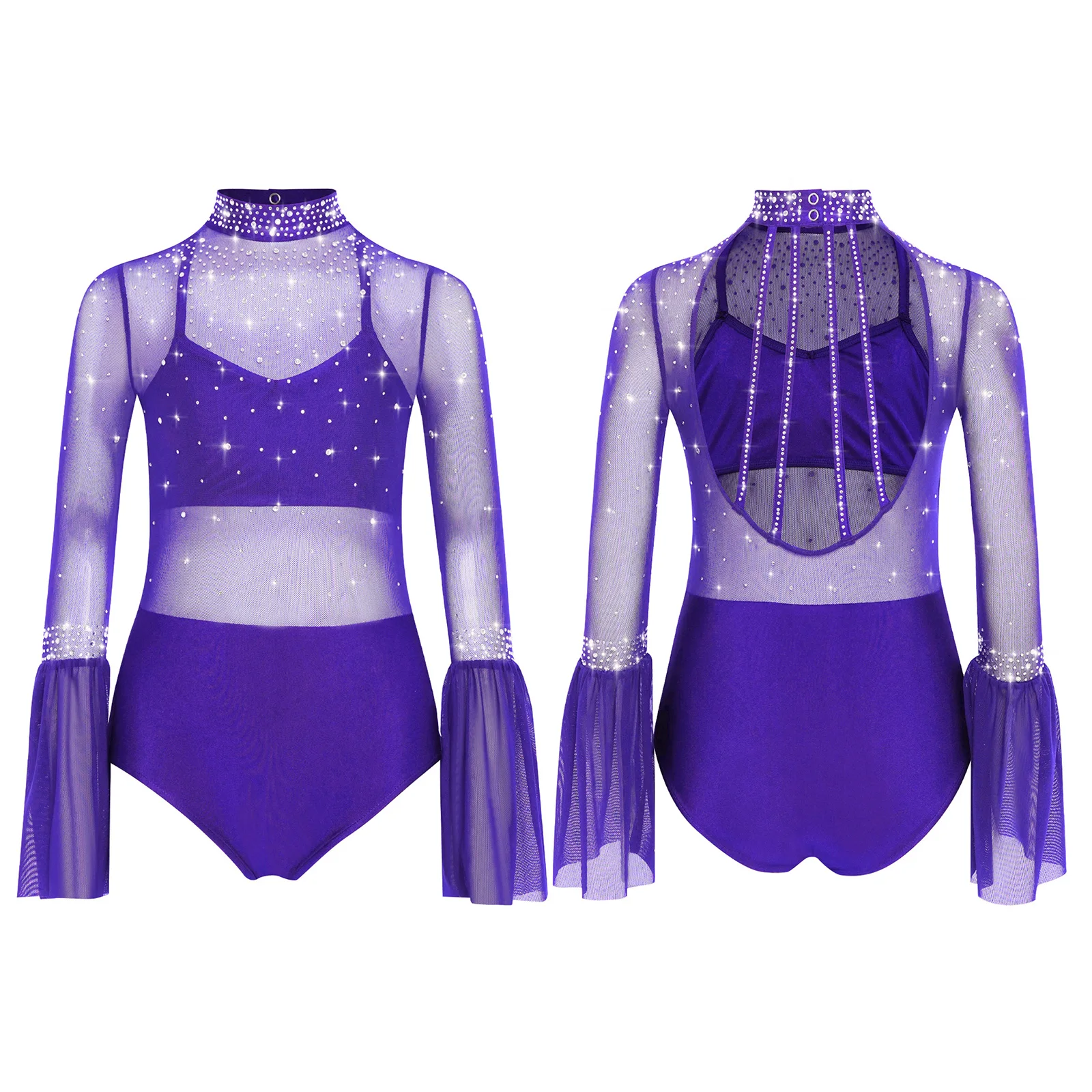 Girls Figure Skating Dance Leotard Children's Jumpsuit Rhinestone Flare Sleeve Sheer Mesh Yoga Gymnastics Bodysuit Dancewear