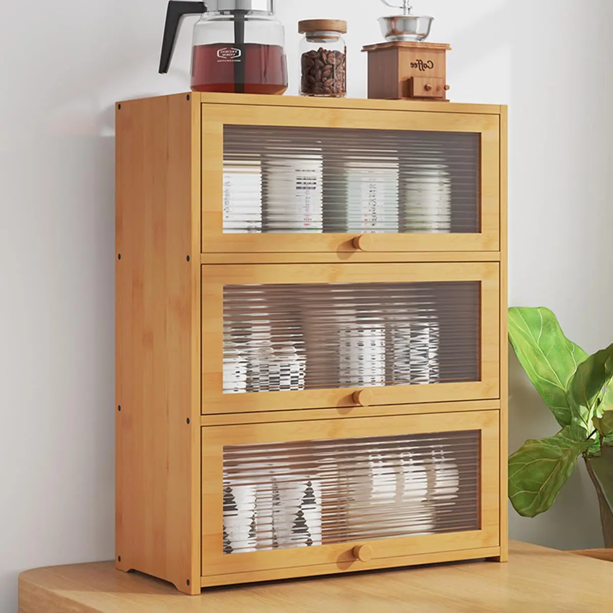 Gdrasuya10 3 Tier Countertop Kitchen Pantry Storage Cabinet, Bamboo Pantry Sideboard Cabinet with 3 Doors Freestanding Kitchen C