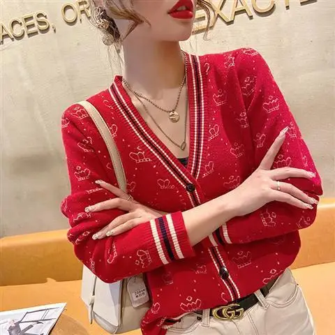 Korean Vintage Spring Autumn Knit Sweaters Coat Button Cardigans Loose Fashion Women Jacquard Striped Long Sleeve Casual Jumpers