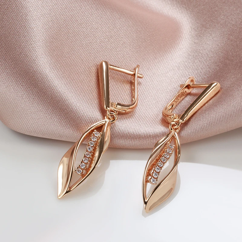 SYOUJYO 585 Rose Gold Color Long Leaf Drop Earrings For Women Natural Zircon Elegant Wedding Jewelry Trendy English Earring