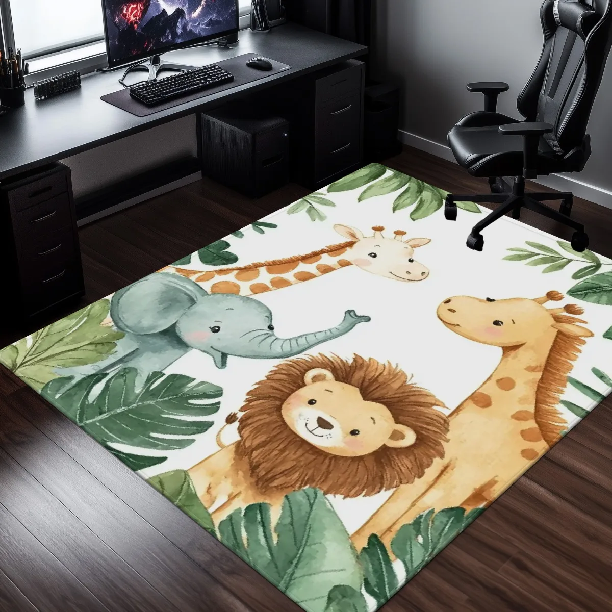 Kids Jungle Safari Animal Print Area Rug Nursery Decor Playroom Mat Cute Lion Giraffe Elephant Tropical Wildlife Carpet Floor