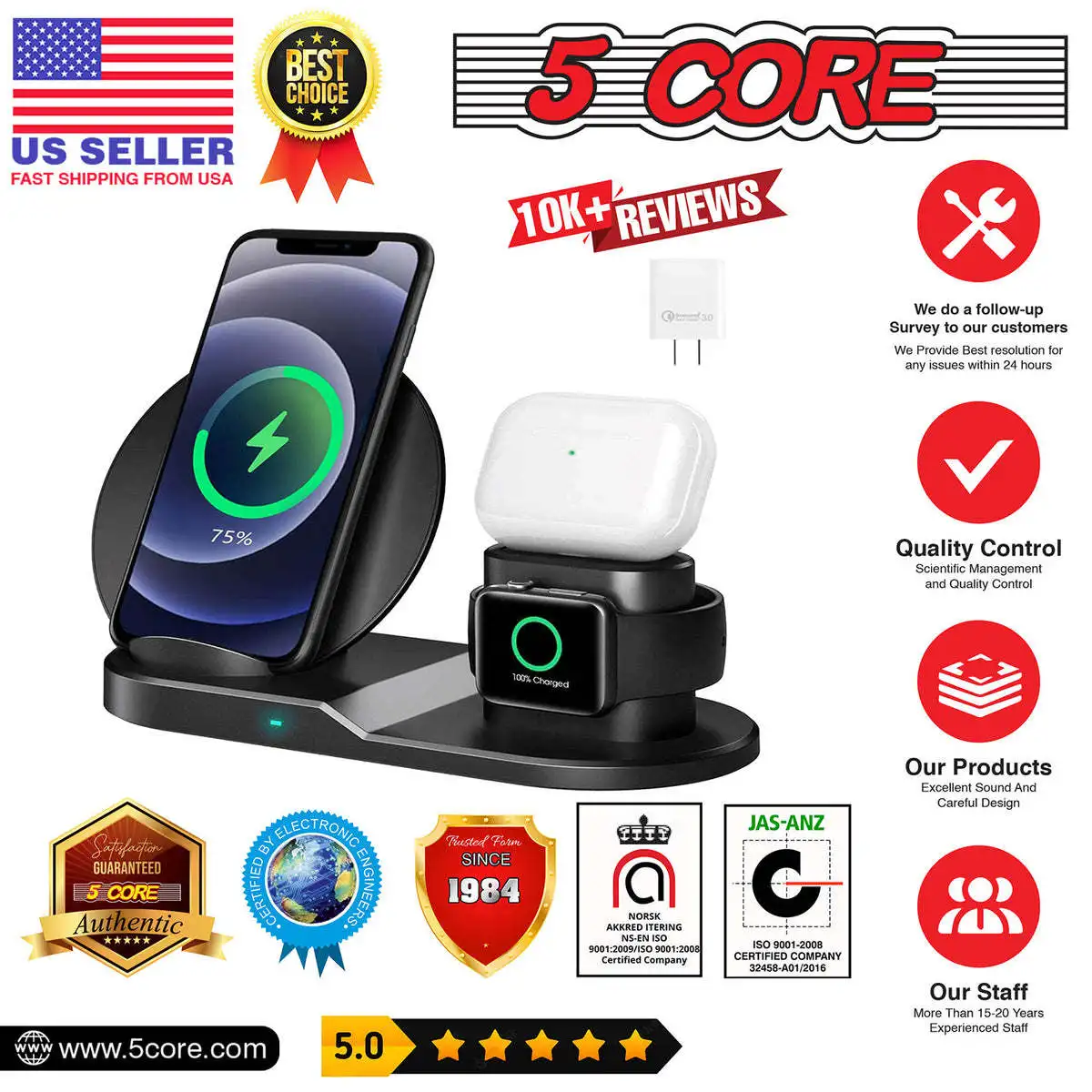 For iPhones, Android 3 in 1 Qi Fast Charging Pad Wireless Charger Multiple Devices 10W / 15W Travel Chargers Dock Station Watch