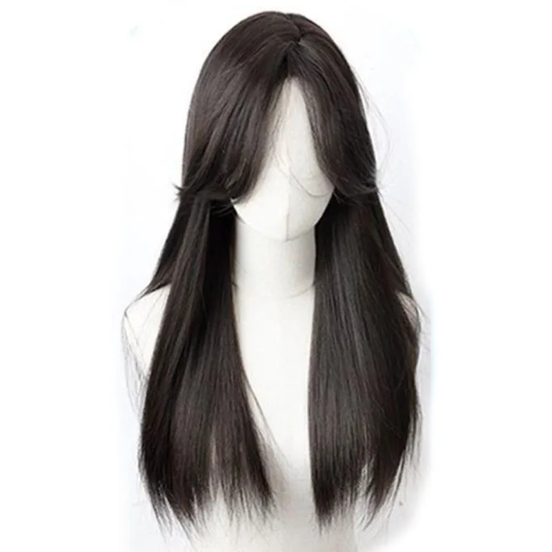 Long black straight hair, women's French style eight character bangs, fashionable wig set