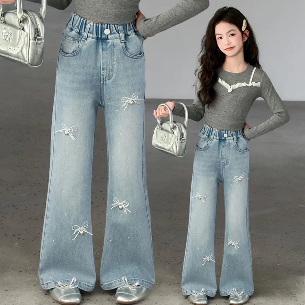 Teenage Girls Butterfly Rhinestone Straight-Leg Jeans Ribbon Denim Straight Pants Youth Spring/Autumn Full-Length Trousers 4-14Y