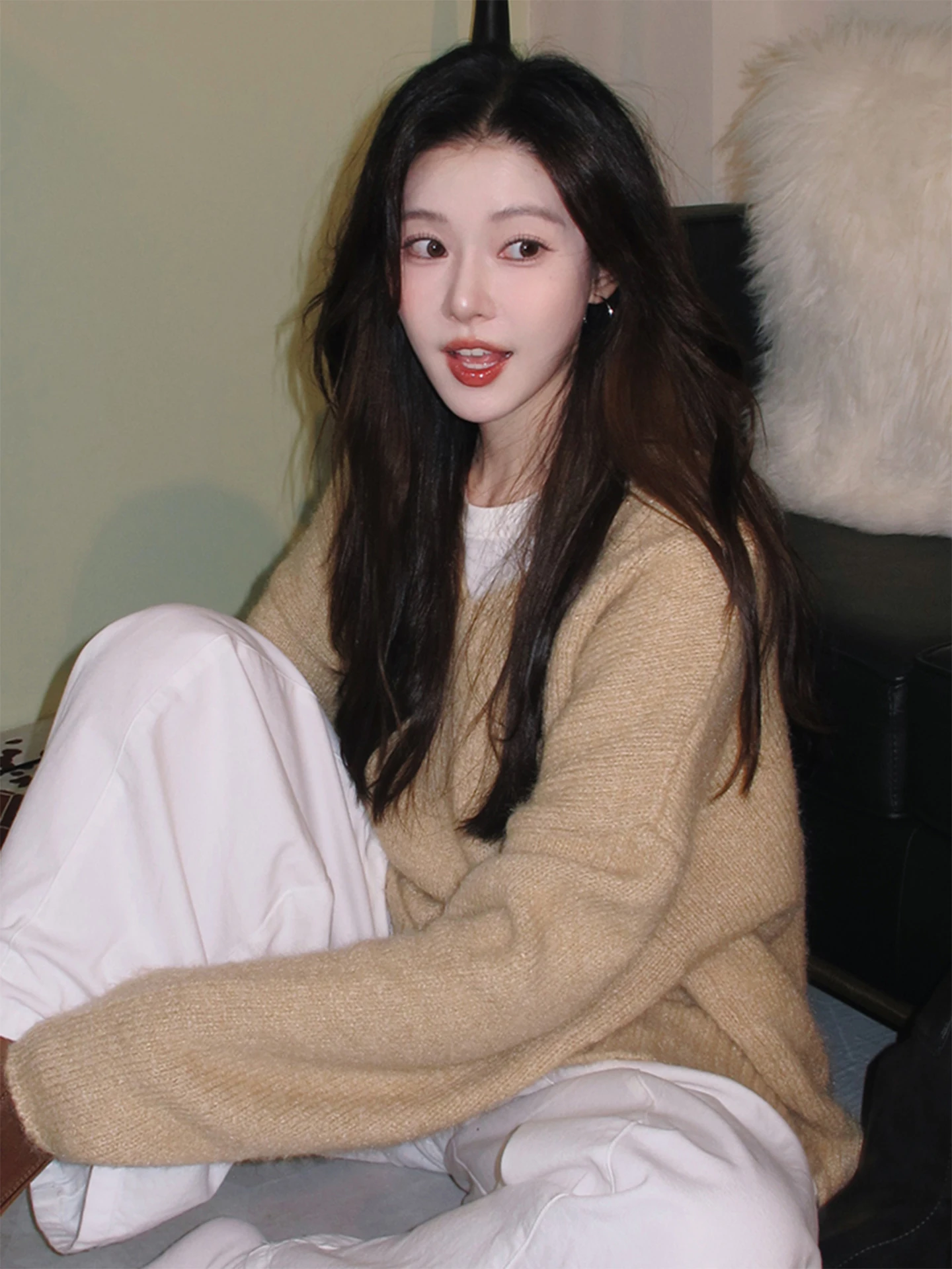 

i Color Knitted Sweater Women's V-ne Casual Sle Comfortable Warmth Faionable Commute Sle Long Sve Cotton Blend