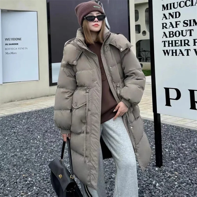 패션 겨울 코트 긴 파카 여성용 다운 코튼 패딩 재킷 두꺼운 따뜻한 Drawstring 오버 코트 후드 루즈 한 겉옷