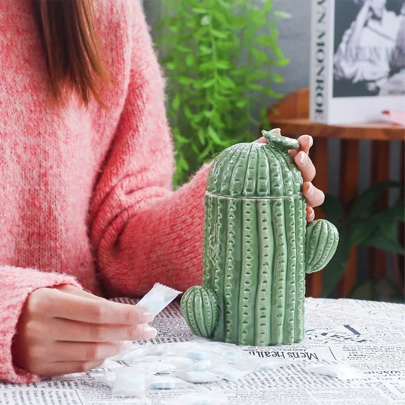 Green Cactus Storage Tank Decorative Ceramic Jar Candy Jar Cotton Swab Box Toothpick Holder Seasoning Dish Decor Storage Bottle view 5