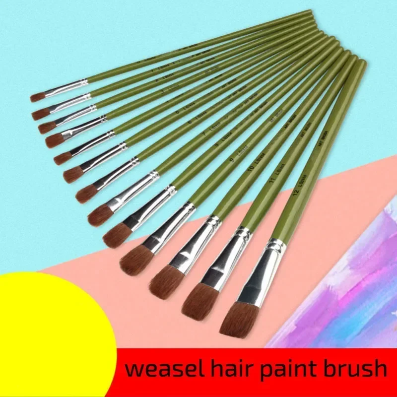 6 pcs/set Weasel Green short wood rod Flat Head paint Brush Gouache Acrylic Brush row pen school educational supplies art