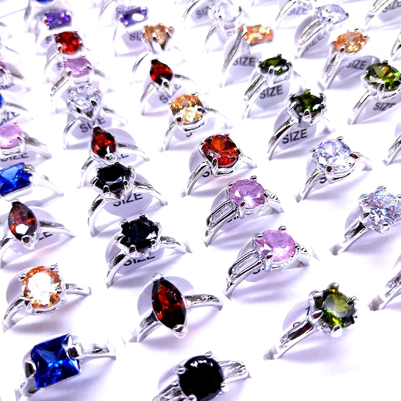 Wholesale Fashion Rings For Women Colorful Zircon Stone Silver Plated Jewelry Party Gift Wedding Accessories Mix Ring Vintage