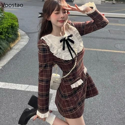 Vintage Lolita Style Plaid Dress French Women Casual Sweet Bow Long Sleeve Party Mini Dress Female Korean Y2k Lace Ruffles Dress