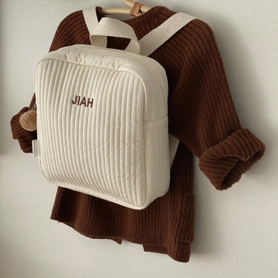 Customized Embroidered Name Stripe Solid Color Backpack Cute Minimalist Toddler School Bag Perfect Daily Campus Travel Essential