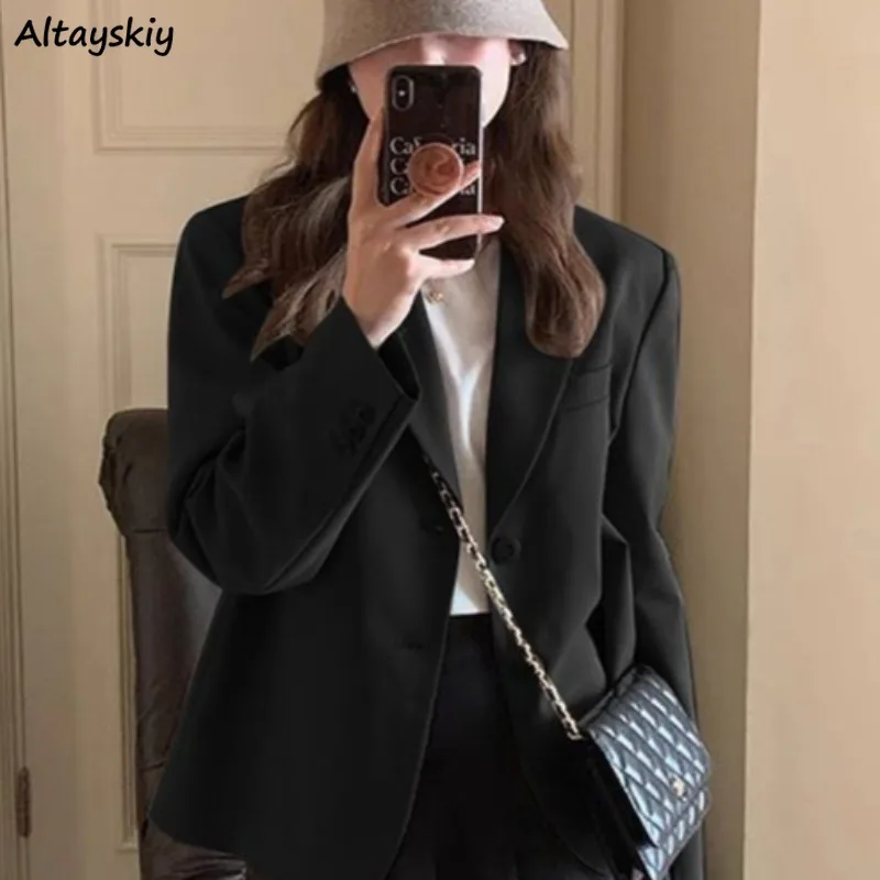 Koreanischen Stil Blazer für Frauen Langarm Frühling Herbst Kerb College Mädchen Freizeit Fashion Solid Büro Dame Neue Minimalistischen