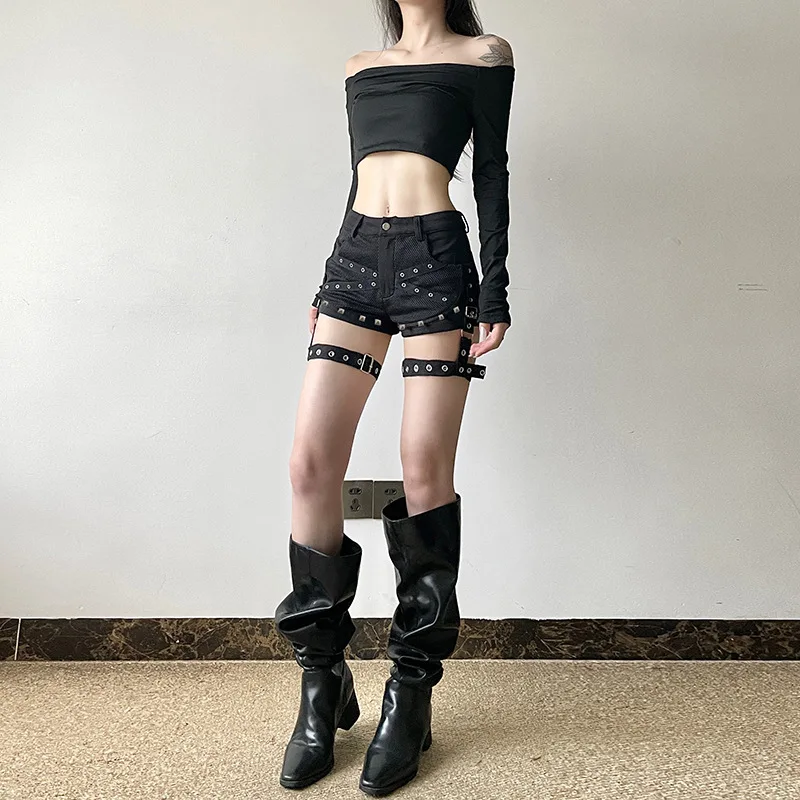 Dark Gothic Mesh Patchwork Sexy Low Rise Black Denim Shorts Women Tie Side Slim Fit Hot Pants