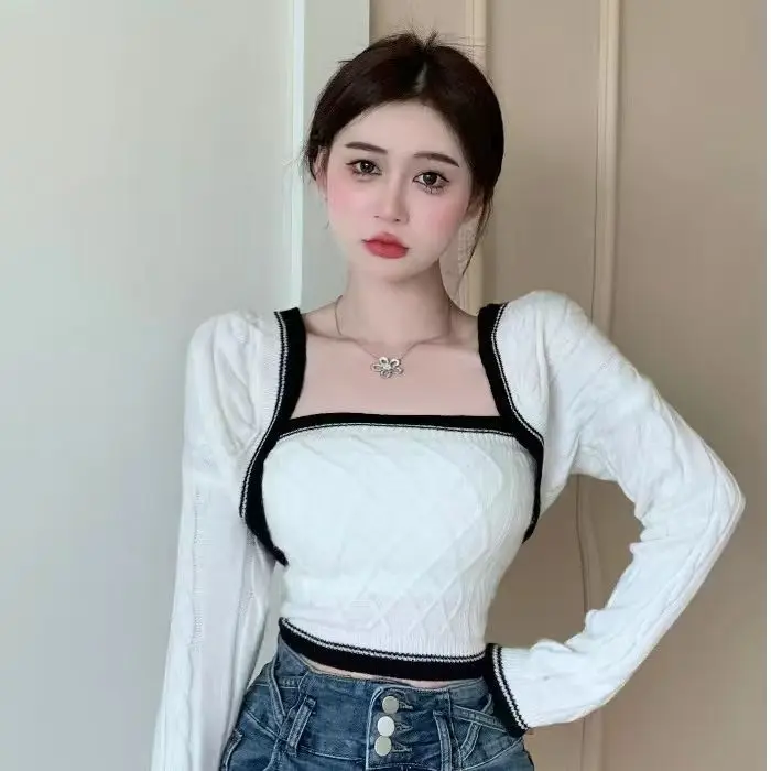 Sexy Crop Top Strapless Camisole 2 Piece Sets Korean Clothes V Neck White Knitted Cardigan Jacket Twist Sweater Argyle Shawl