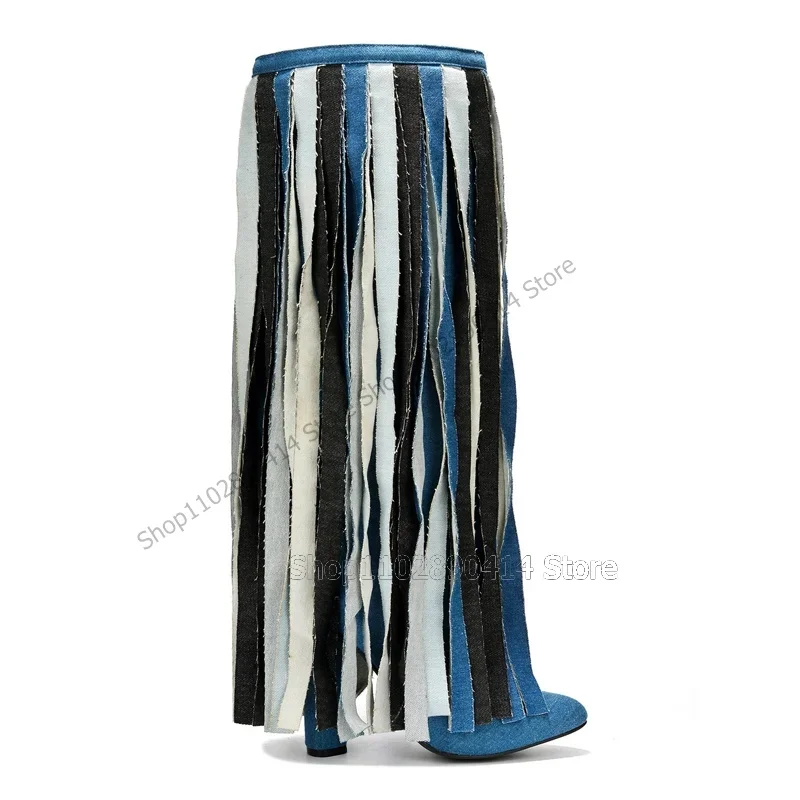 

Mixed Color Tassels Blue Denim Pointed Toe Boots Side Zipper Women Shoes Thin High Heels Fashion Runway 2023 Zapatos Para Mujere