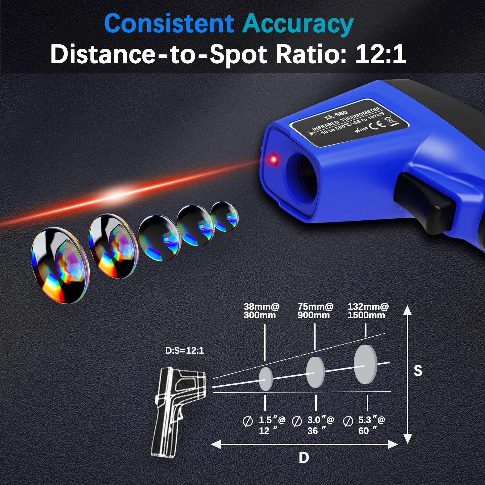 XEAST XE-580 Termometro digitale Laser Pistola di temperatura professionale industriale senza contatto per uso domestico con LCD laser a infrarossi