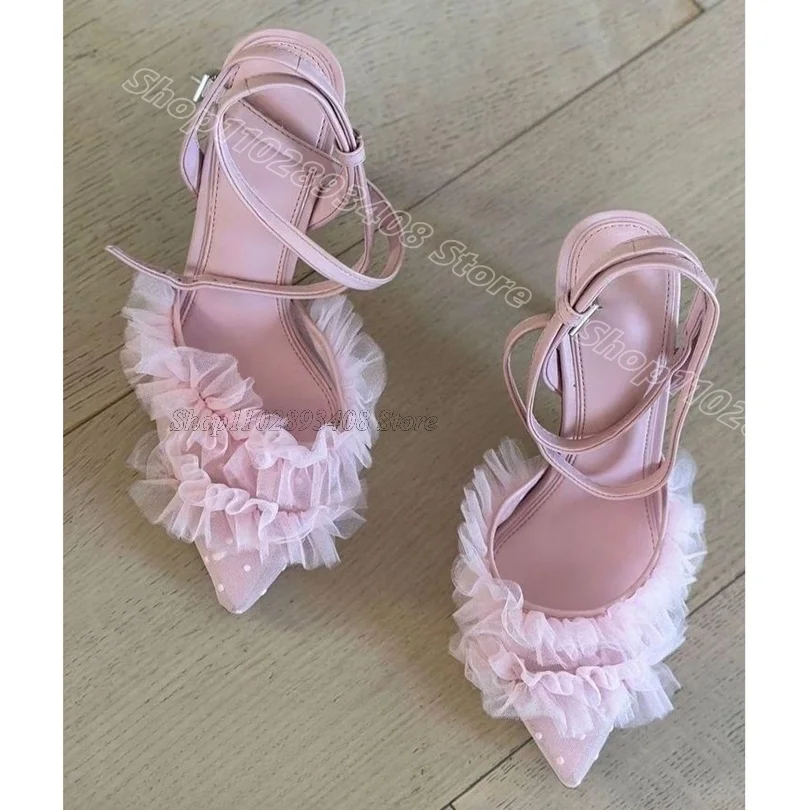 

Pink Lace Trim Ankle Buckle Sandals Pointed Toe Stiletto British Style Dress Party Sweet Women Sandals 2025 Zapatos Para Mujere