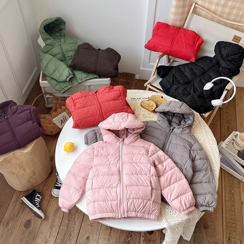 Children Girl Autumn Winter Light Down Jacket Solid Elastic Cuffs Hooded Kid Girl Outerwear Normcore Zipper 4-14Y Girls Overcoat