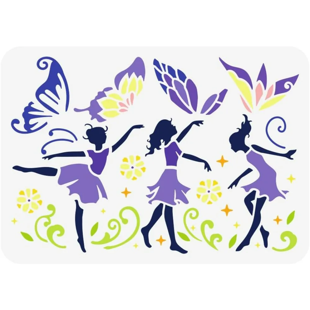 Fairy Dance Stencil, Fantasy Matching Fairy Templates Reusable Plastic Stencil for Painting on Wood Furniture Home Decor,