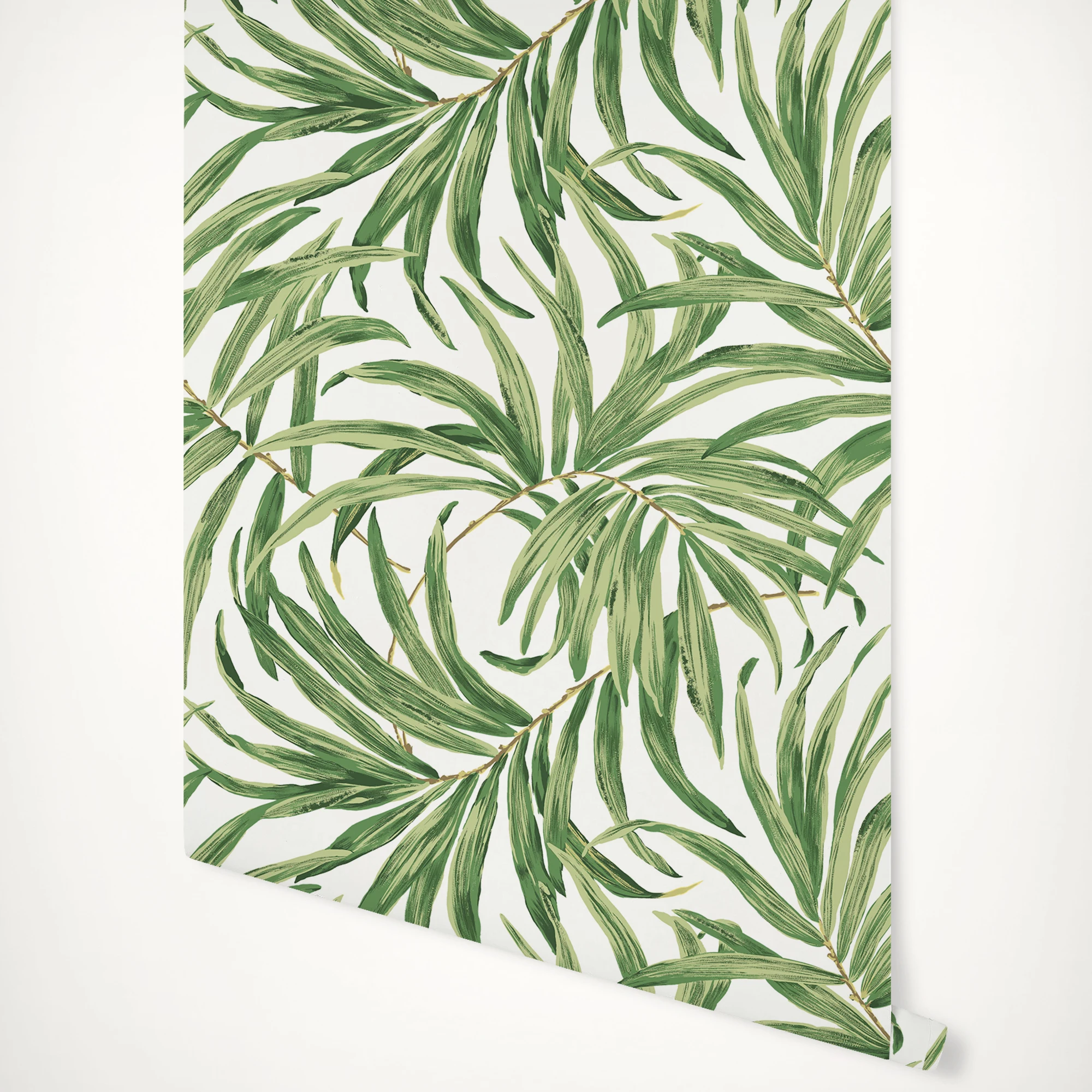 Tropical Bali Leaves Wallpaper, Botanical wall paper in Green and White