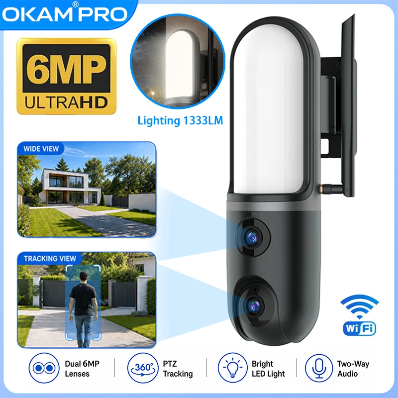 OKAM PRO Street Light 2in1 Camera HD 6MP WiFi CCTV Dual-Lens Outdoor Camera Waterproof Motion Tracking Night Vision PTZ Camera